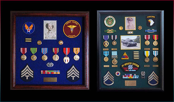 Two shadowboxes with awards displayed, side by side